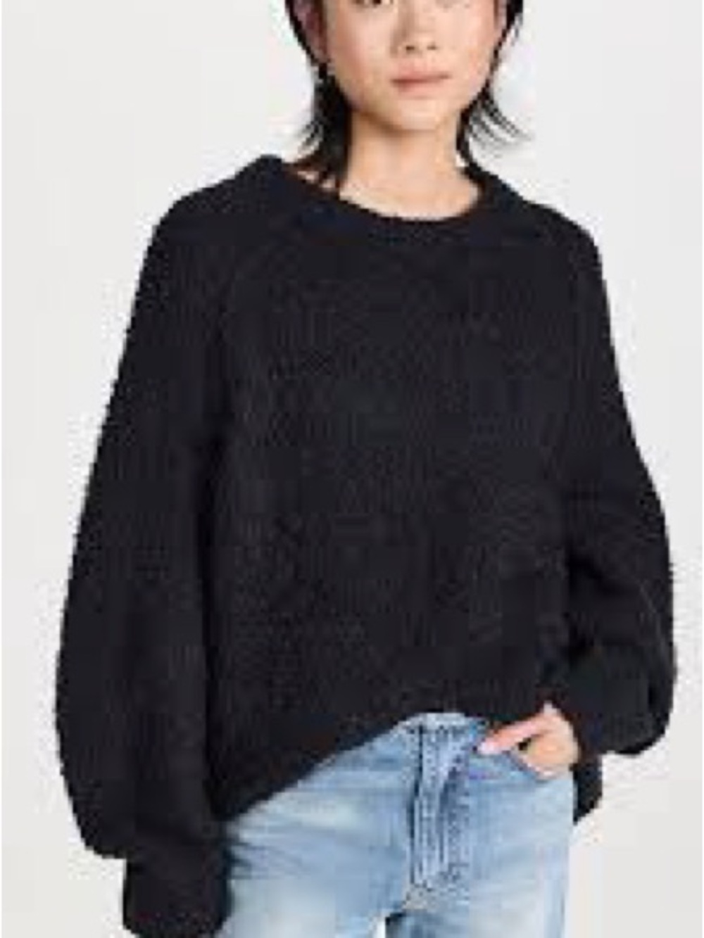 We The Free Black Chunky Knit Balloon-Sleeve Crewneck
